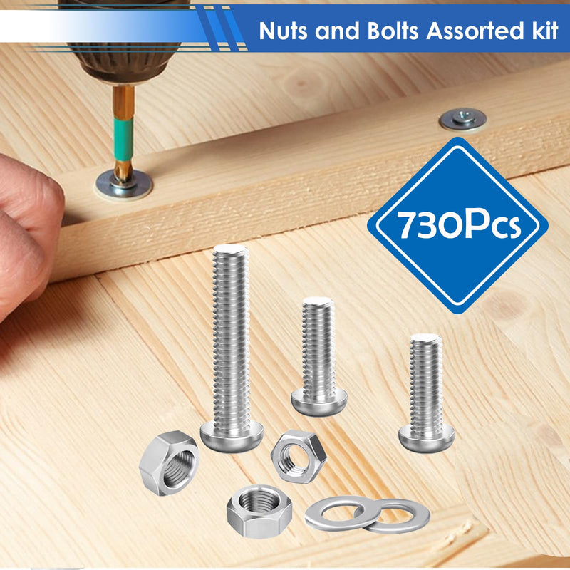 smseace 730Pcs 304 Stainless Steel Machine Screws Assortment Kit#10-24#8-32#6-32#4-40 Phillips Pan Head Assorted Nuts and Bolts for Machinery, Furniture, Automotive, Motorcycle Repairs 730Pcs SS #4 #6 #8 #10 Silver