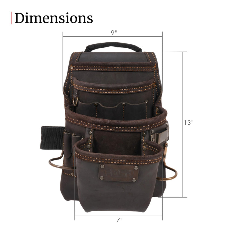 FESA Leather Carpenter Tool Pouch - 10-Pocket Heavy Top Grain Leather Carpenter Pouch with 2 Hammer Loops, Tape Clip, Large & Small Pockets - Fits Work Belts up to 3" - Handcrafted Brown