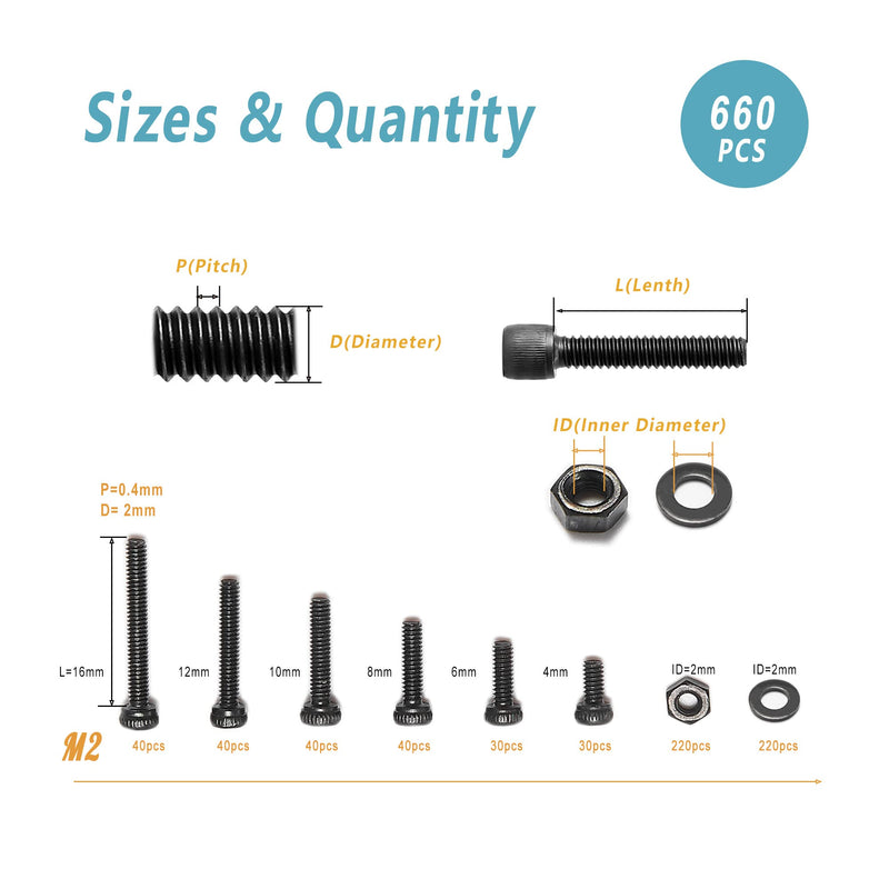 [Australia - AusPower] - 660 Pcs M2 Screw Assortment,M2*4mm/6mm/8mm/10mm/12mm/16mm,12.9 Grade Alloy Steel, Metric Hex Socket Head Cap Screws Nuts Washers Kit, Black Zinc Plated Anti Rust Upgrade 660Pcs M2 4mm-16mm 