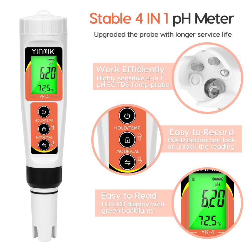 [Australia - AusPower] - PH Meter, Digital 4 in 1 PH EC TDS Temp Meter for Water Hydroponics, Waterproof DWC PH and EC PPM Water Tester with Backlit for Nutrients Growing, Indoor Garden, Home Brewing, Pool, Aquarium pH Meter 