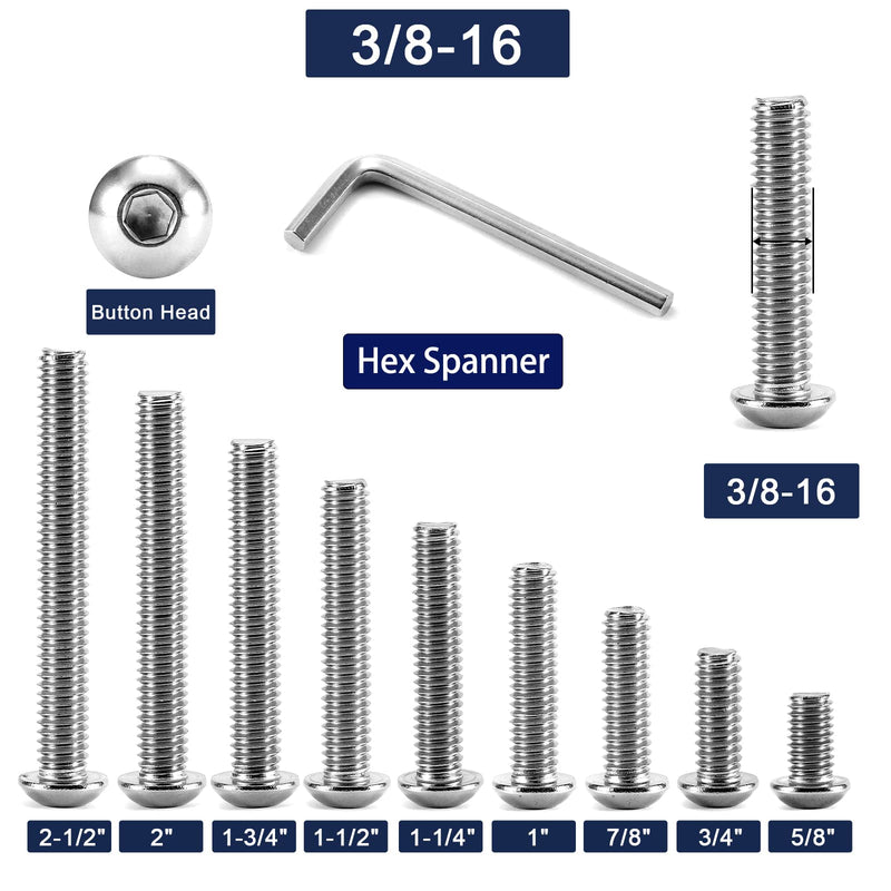 [Australia - AusPower] - 3/8-16 x 1" Button Head Socket Cap Bolts Screws, 20Pcs 304 Stainless Steel 18-8, Allen Hex Drive, Bright Finish by SG TZH(with Hex Spanner) 20 3/8-16 x 1" 