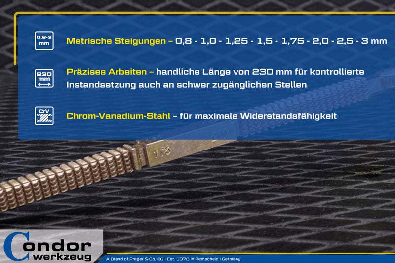 Condor tool 4830 | Thread File | 230mm | Internal and External Thread | Metric | 0.8-3.0mm | Chrome Vanadium Steel
