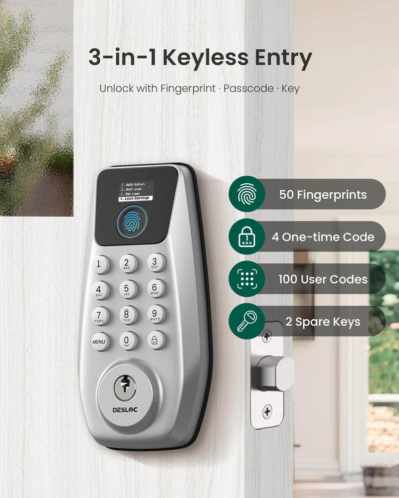 DESLOC C110 Smart Lock with LockVue Display, 3-in-1 Keyless Entry Door Lock with Fingerprint, Passcode & Key, BHMA Certified Deadbolt, Auto Lock, 12-Month Battery for Home, Apartment & Airbnb, Silver Deadbolts