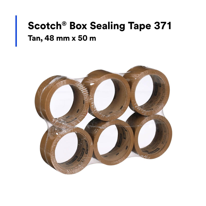 3M Scotch 371 Industrial-Grade Packing Tape, Tan, 48 mm x 50 m, High Performance Sealing Tape for Medium-Duty Commercial Box and Carton Sealing, Moving, Packaging and Shipping, 6 Pack