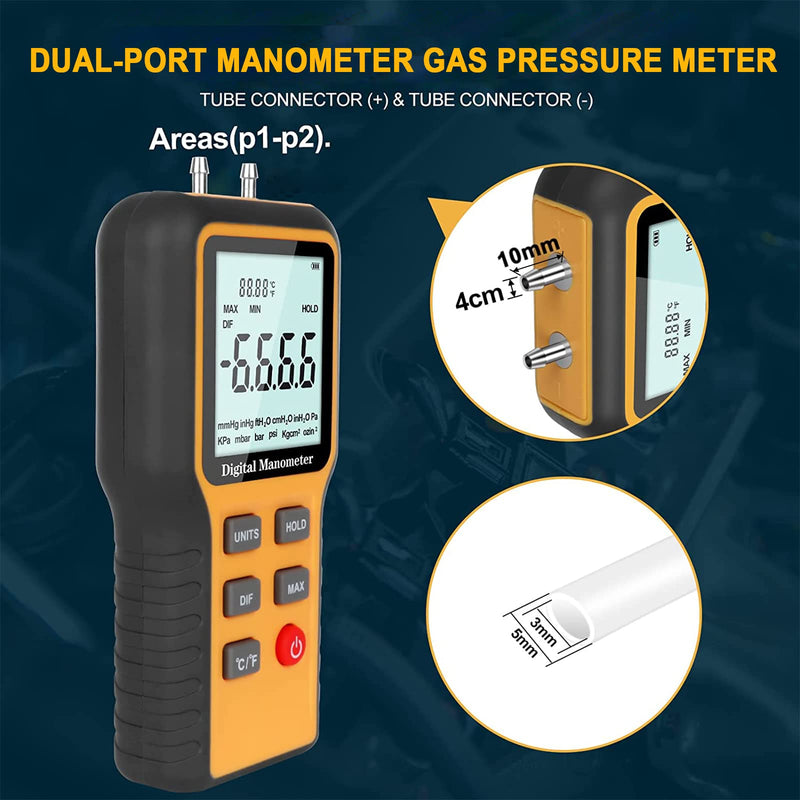[Australia - AusPower] - Manometer Gas Pressure Tester, Digital HVAC Manometer Dual-Port Air Pressure Meter with Backlight and Data Record Function, Professional Differential Pressure Gauge with 12 Measure Units 