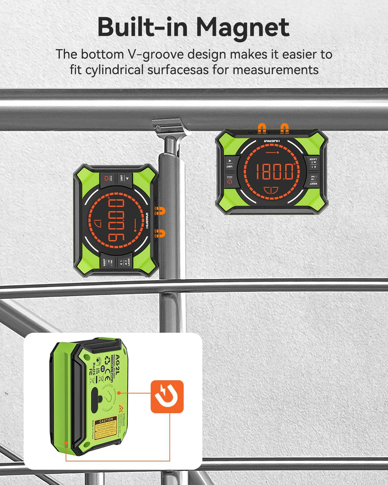 [Australia - AusPower] - Huepar Digital Angle Gauge with Laser Level, Rechargeable 3-in-1 Digital Angle Finder with Magnetic, Measures 0-90° & 0-180° Range, Digital Electronic Level Accessory for Woodworking Tools AG2L Digital Angle Gauge 