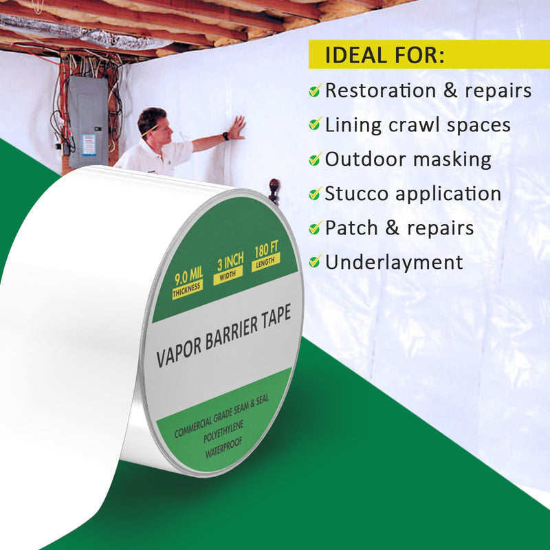 Vapor Barrier Tape 3" x 180', 9Mil White Polyethylene Tape for Crawl Spaces & Moisture Barriers, Waterproof & Seam Tape for Underlayment, Insulation, and Plastic Liners 3" x 180'