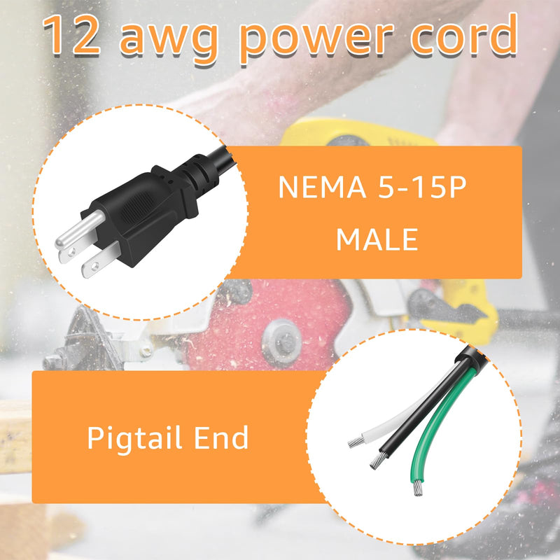 9.8ft 12 Gauge 3 Prong Heavy Duty Replacement Power Supply Cord Cable 110V 115V 120V Pigtail, for Power Tools, Appliances, 12 AWG 3 Conductor Wire Cable Black Black 9.8 feet