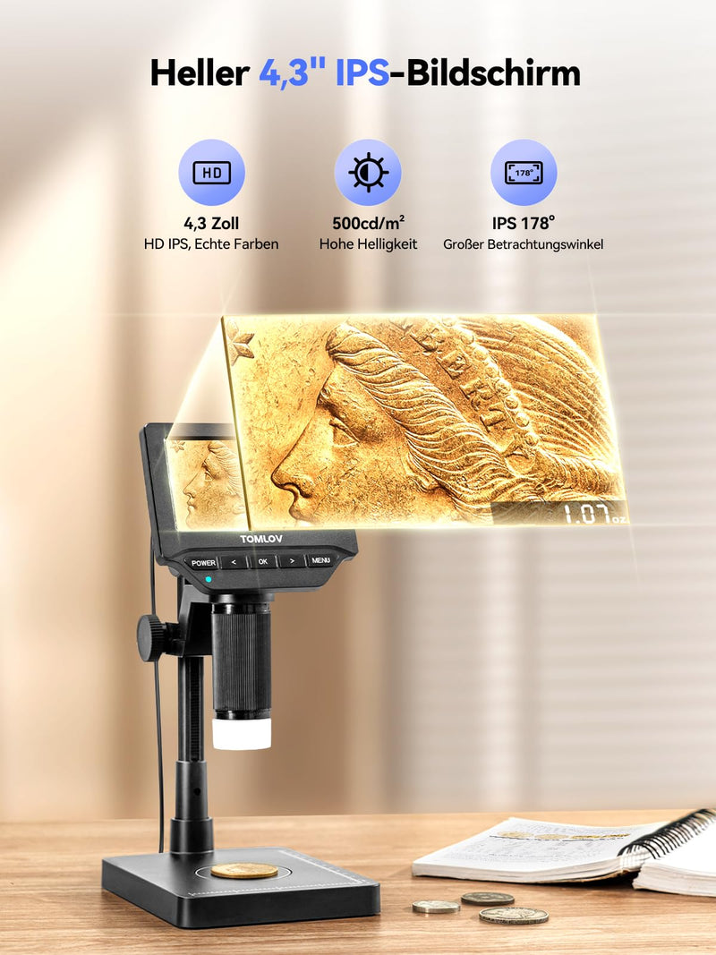 Tomlov DM4W 4.3 Inch IPS Coin Microscope with Scales, 0.1 g Accuracy | Measurement in g/oz/ct, Jewelry & Metal Testing, Integrated LEDs, USB Live Image, Photos/Videos, Wireless Design, PC Compatible, Black