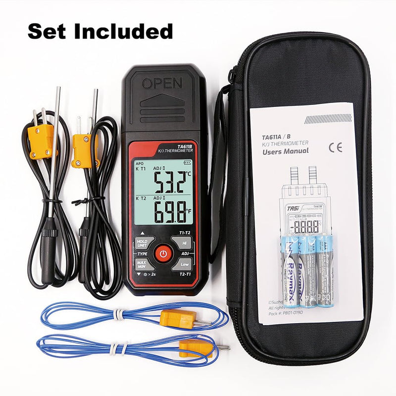 [Australia - AusPower] - Digital Thermocouple Thermometer Dual-Channel K/J Type Thermometer -328~2501℉ Wide Range Industrial HVAC Temperature Meter with 4PCS of K-Type Thermocouple Probes, Alarm,Temp Conpensation 