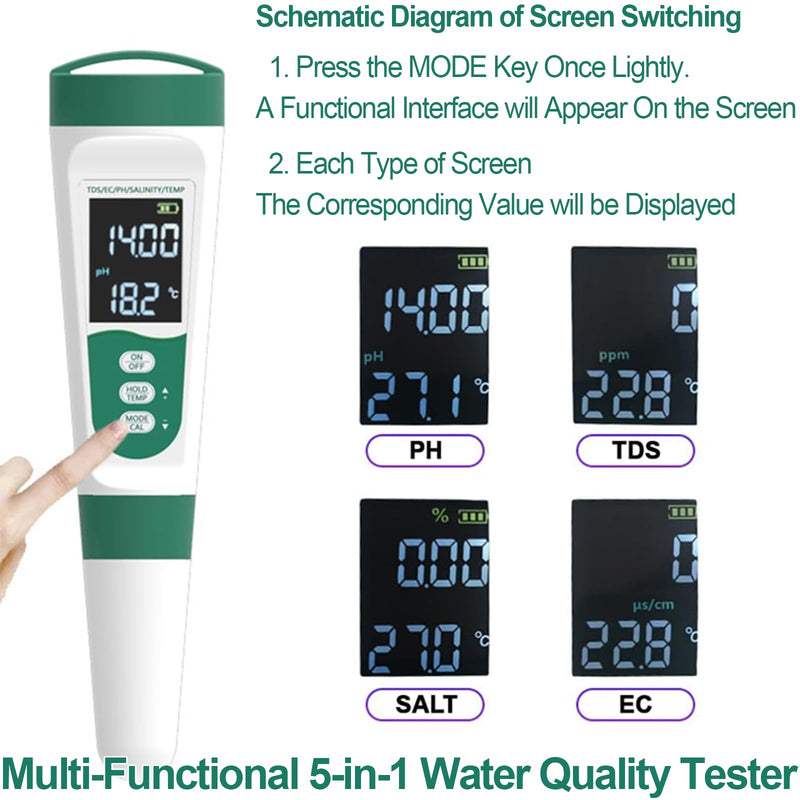 [Australia - AusPower] - Display PH Meter Watter Tester 5 in 1, Functions: PH,TDS,EC,Salt,Temp, IPX5 Waterproof, High Accuracy With 3 Calibration Powders, for Saltwater Pool, Hot Tubs, SPAs, Aquarium, Hydroponics System 