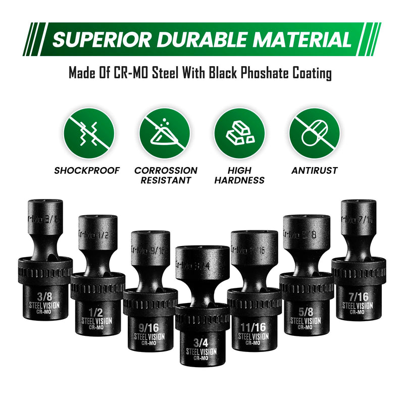 7PCS 3/8" Drive Impact Swivel Socket Set, 3/8-3/4 in Universal Swivel Sockets ，6-Point, SAE,Cr-Mo, Wobble Socket, Universal Joint Socket Set 3/8" SAE