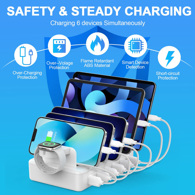 [Australia - AusPower] - CREATIVE DESIGN Charging Station for Multiple Devices,50W 6 Ports Charging Dock with 6 Cables Compatible with Cellphone,Tablet, Kindle, Apple Watch and Other Electronic White 