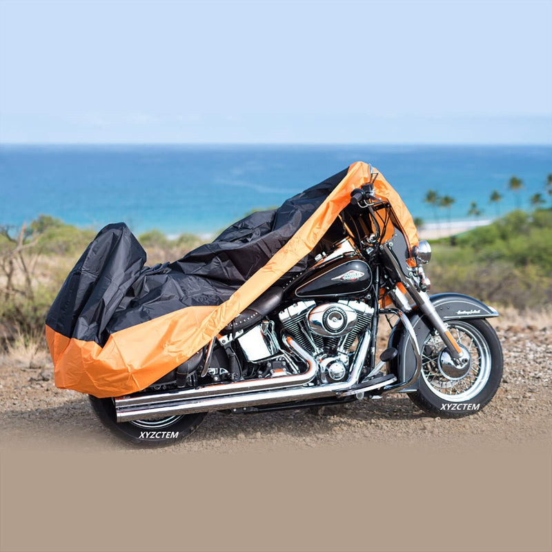 XYZCTEM Motorcycle Cover – All Season Waterproof Outdoor Protection – Precision Fit up to 97 Inch Tour Bikes, Choppers and Cruisers – Protect Against Dust, Debris, Rain and Weather (Black& Orange) 97"