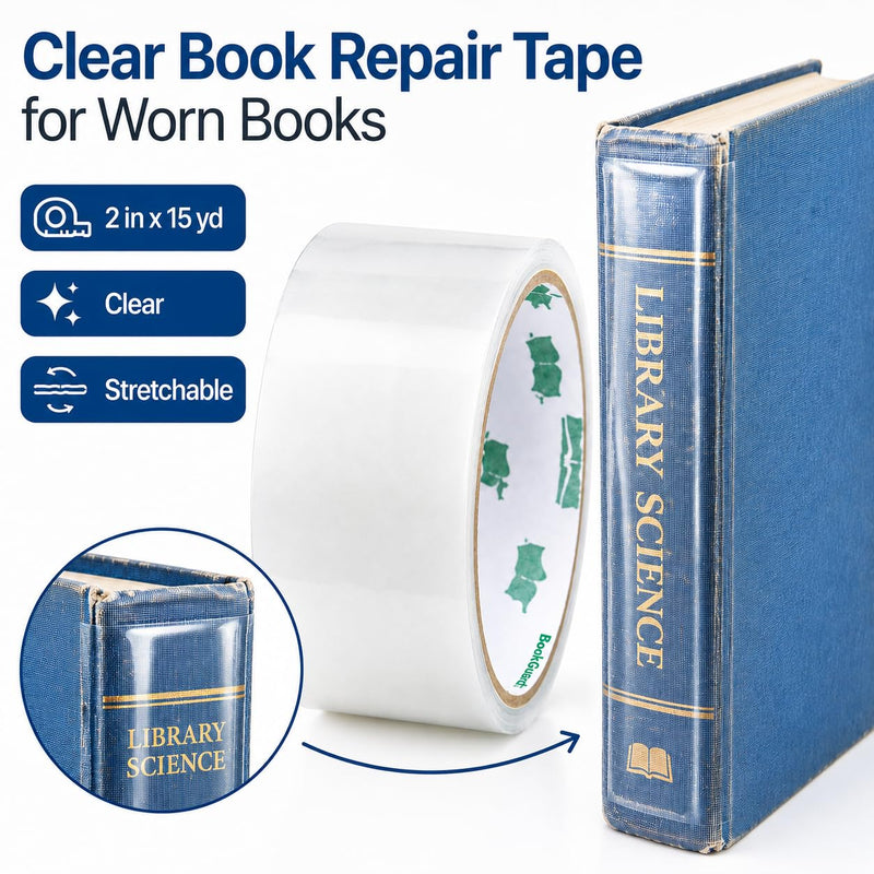 BookGuard Clear Book Repair Tape, 2 in x 15 yd Roll, Stretchable Archival-Safe Polyethylene Book Binding Tape for Spines, Covers, Hinges, Libraries, Schools, Bibles & Hymnals 2" Wide, 15 Yards Pack of 1