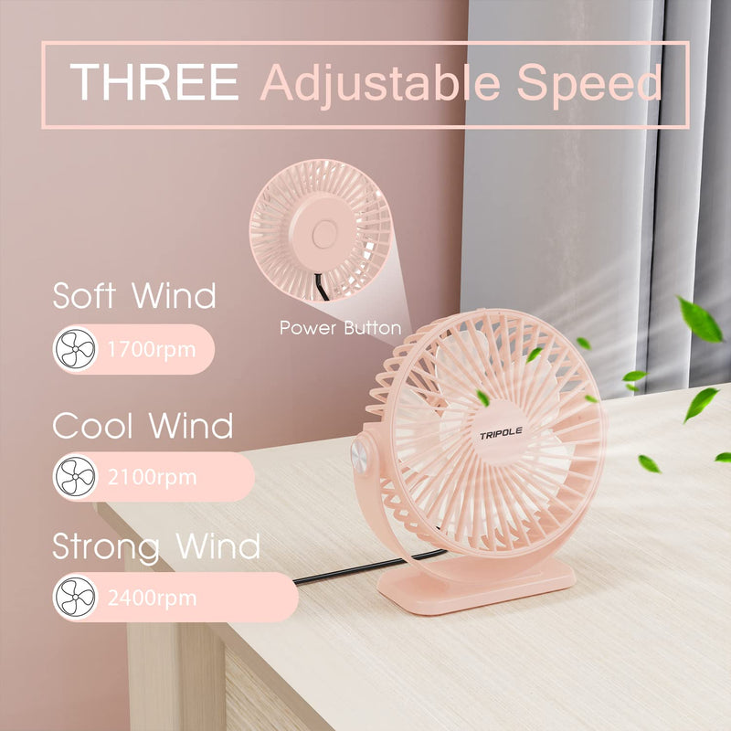 [Australia - AusPower] - TriPole Mini Desk Fan USB Powered Portable Fan 3 Speeds Strong Airflow Small Fan 360°Rotation Personal Fan 5.1 Inch Table Fan for Home Office Bedroom Desktop, Pink, 4.9ft Cable 