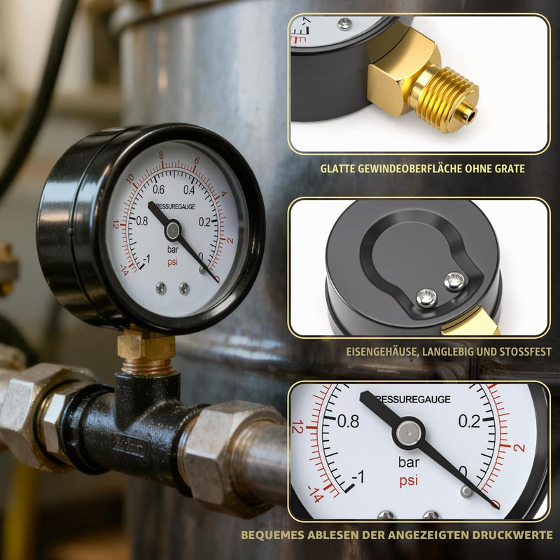 1 x 50 mm vacuum gauge BSP 1/4 inch -1~0 bar -14~0 psi with 2 pieces socket 1/4 inch to 3/8 inch, 1/4 inch to 1/2 inch and 1 piece hex nipple to reduce from 1/4 inch to 1/8 inch, a Teflon tape, radial 50MM, -1 bar(-14 psi)