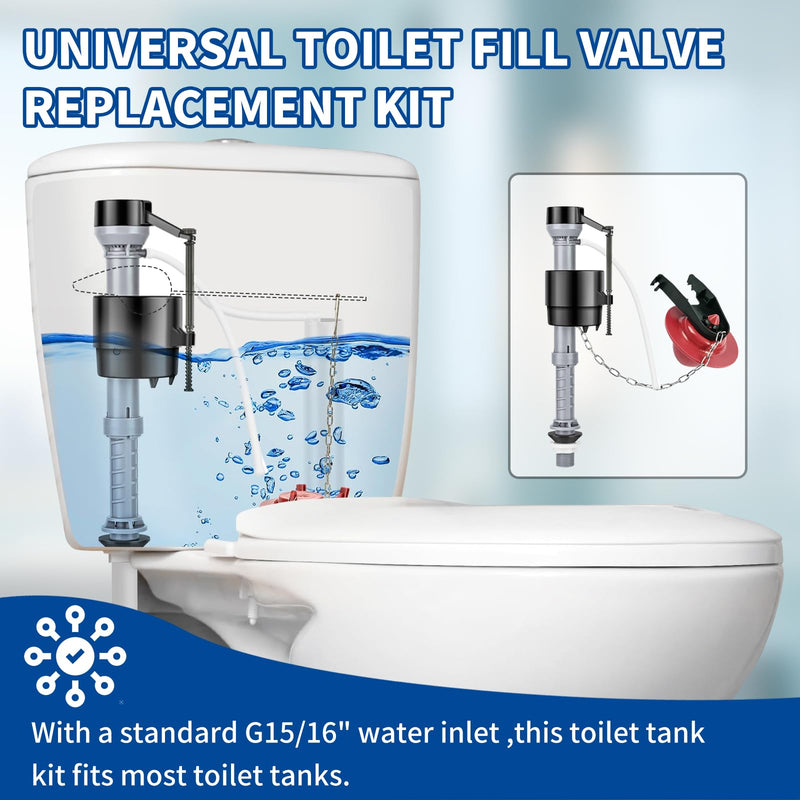 [Australia - AusPower] - Toilet Flusher Replacement Kit, Universal Toilet Fill Valve with 2-Inch Flapper, Adjustable Rubber Float Valve, Quiet and Easy Install Toilet Repair Kit Inside Tank (1-Pack) 