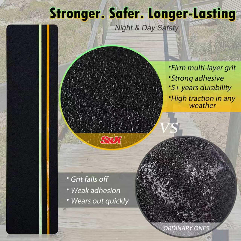 S&X 10-Pack Outdoor Stair Treads Non-Slip with Reflective & Glow-in-The-Dark Strips Pre-Cut 6" x 24" Heavy Duty Anti Slip Tape High Traction Waterproof – Perfect for Stairs, Ramps, Decks, Boats