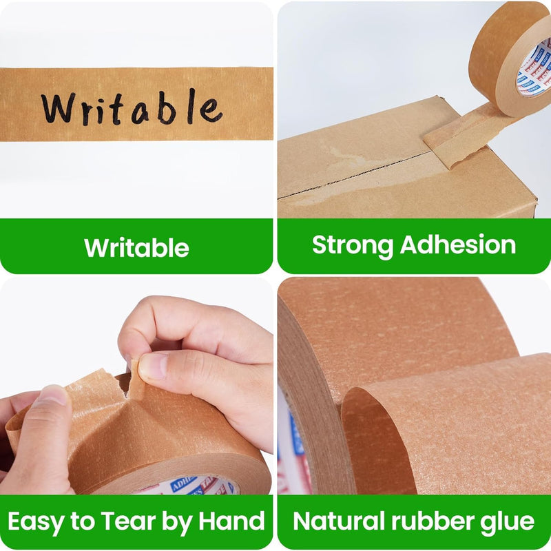 ADHES Kraft Paper Tape, 2 Inch x 60 Yards, Biodegradable Paper Packing Tape Writable & Uncoated Brown Shipping Tape for Shipping, Moving, Sealing 2inch x 60yards 1