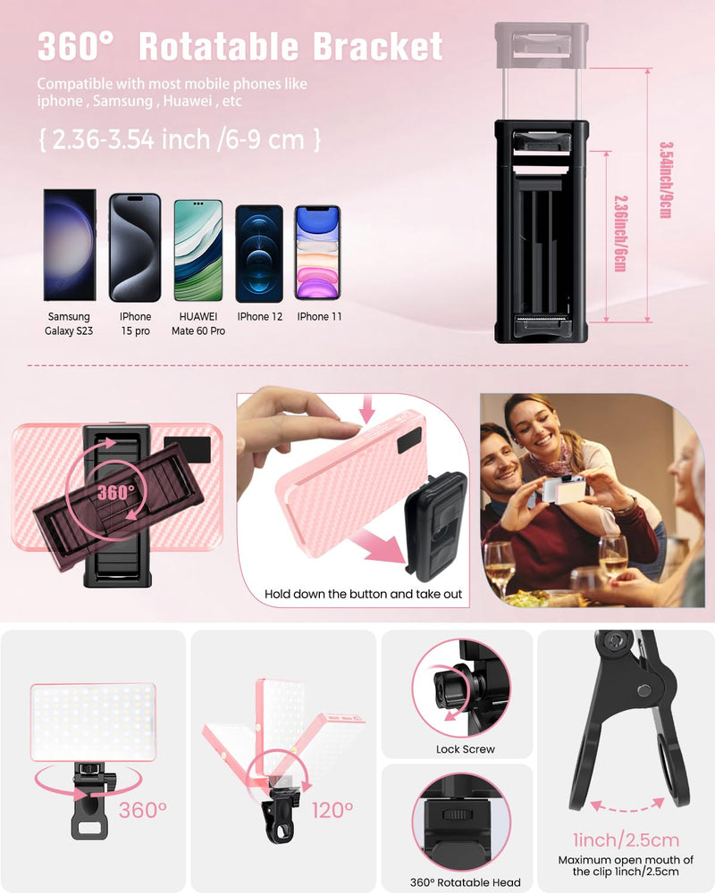 168 LED Selfie Light for iPhone, Phone Light, 3000mah Rechargeable Picture Light Clip Portable Lights for Phone, Camera, Laptop, iPad, 3 Lights Modes for Makeup, Video Conference, TikTok, Vlog (Pink) Pink