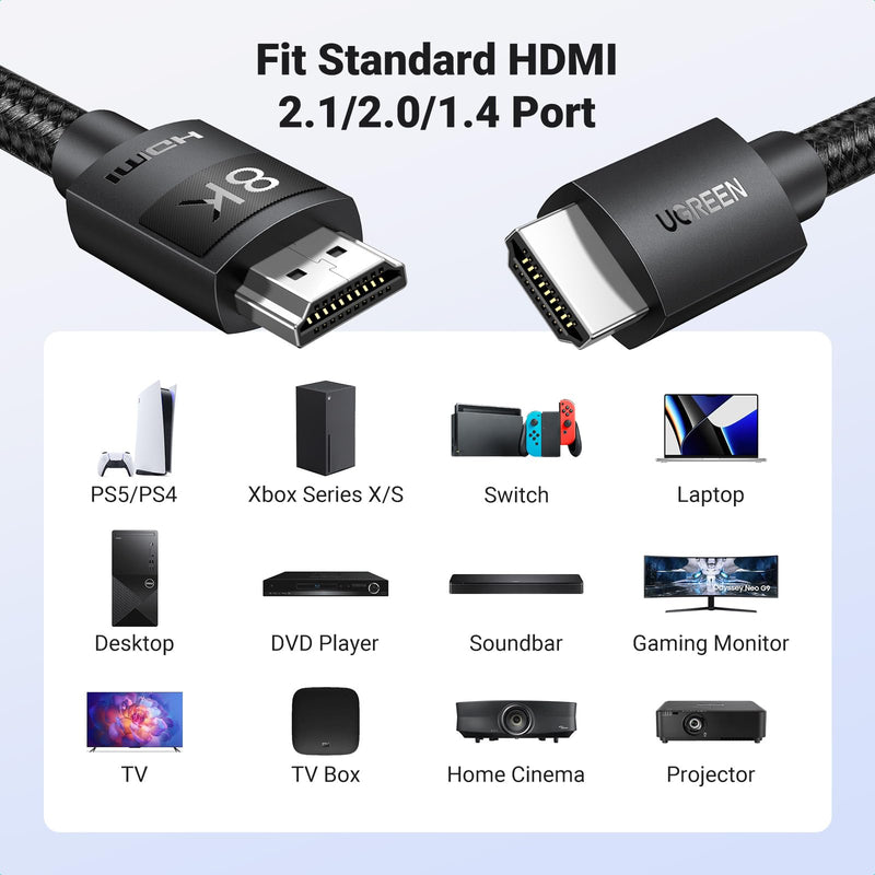 UGREEN HDMI 2.1 Cable Certified 8K 16FT Ultra High Speed HDMI Cord Braided 48Gbps 4K@240Hz 10K@60Hz with Dynamic HDR eARC Dolby Atmos HDCP Compatible with PS5 PS4 Xbox Roku TV HDTV Blu-ray Projector 16 feet