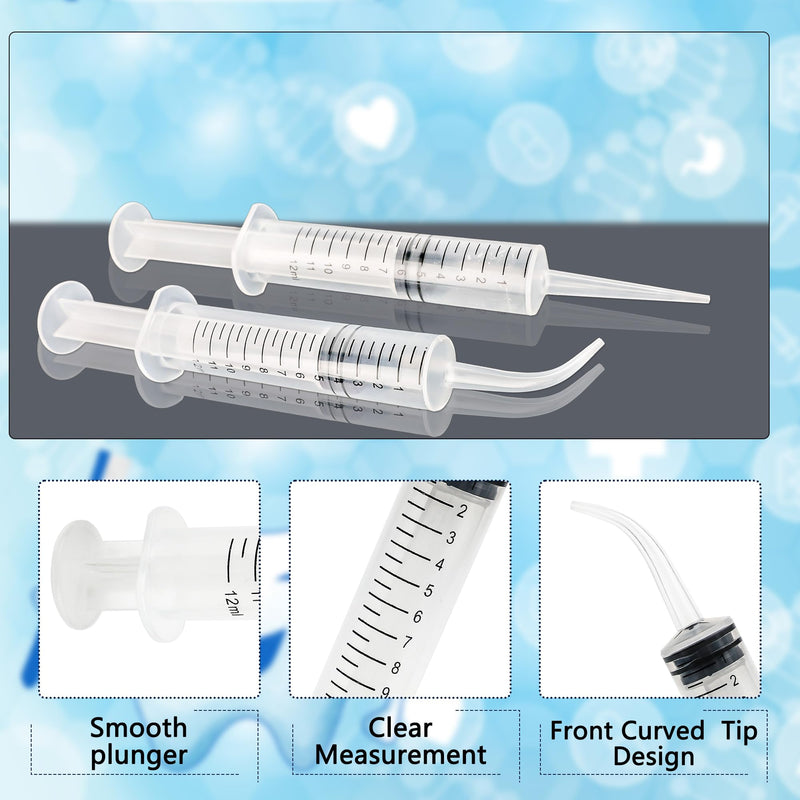 [Australia - AusPower] - 100 Pcs 12ml Plastic Syringes with Curved Tip and Straight Tip Disposable Irrigation Syringe with Measurement Dispensing Syringe Tools for Oral Care Animal Feeding 
