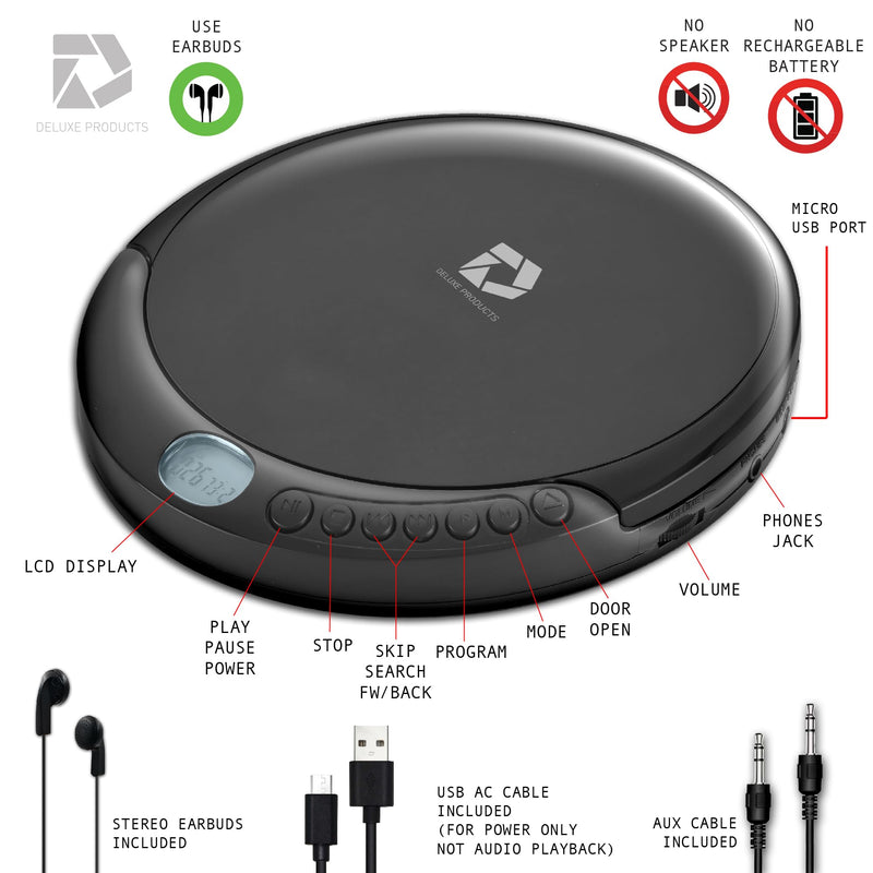 [Australia - AusPower] - CD Player Portable with 60 Second Anti Skip, Stereo Earbuds, Includes Aux in Cable and AC USB Power Cable for use at Home or in Car Black_CD 