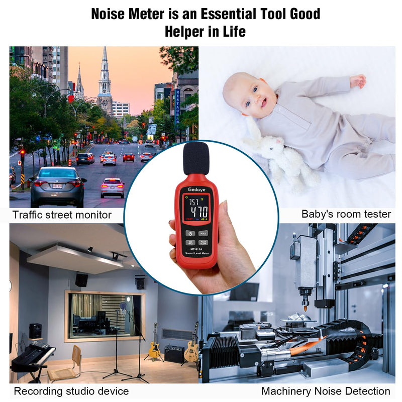 [Australia - AusPower] - Noise Decibel Meter, Gedaye Sound Level Meter Range 35-135dBA, SPL Meter with A Weighted, Data Hold Max/Min, Fast/Slow, Color LCD Backlit Display, Noise Detector dB reader Monitor Audio Measure Device Red 