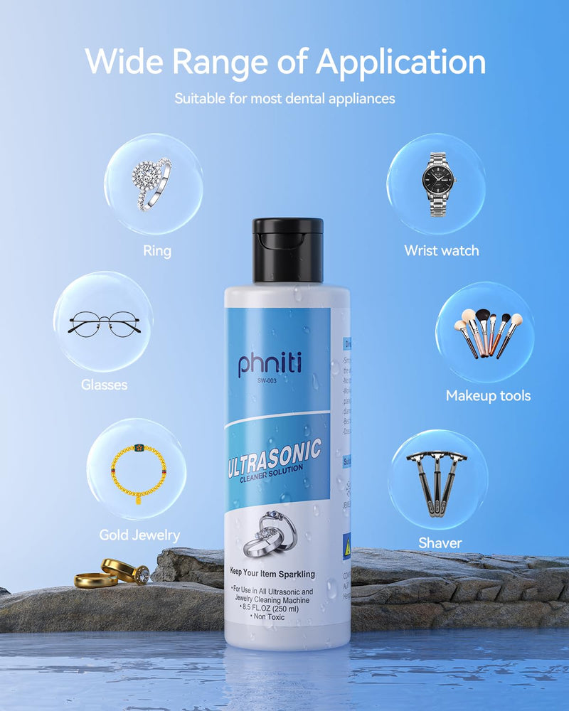 [Australia - AusPower] - Phniti Ultrasonic Jewelry Cleaner Solution 8.5 FL OZ (250ml), Ultrasonic Jewelry Eye Wear Cleaning Solution Concentrate for Gold, Silver, Platinum Diamonds Cleaning 1 