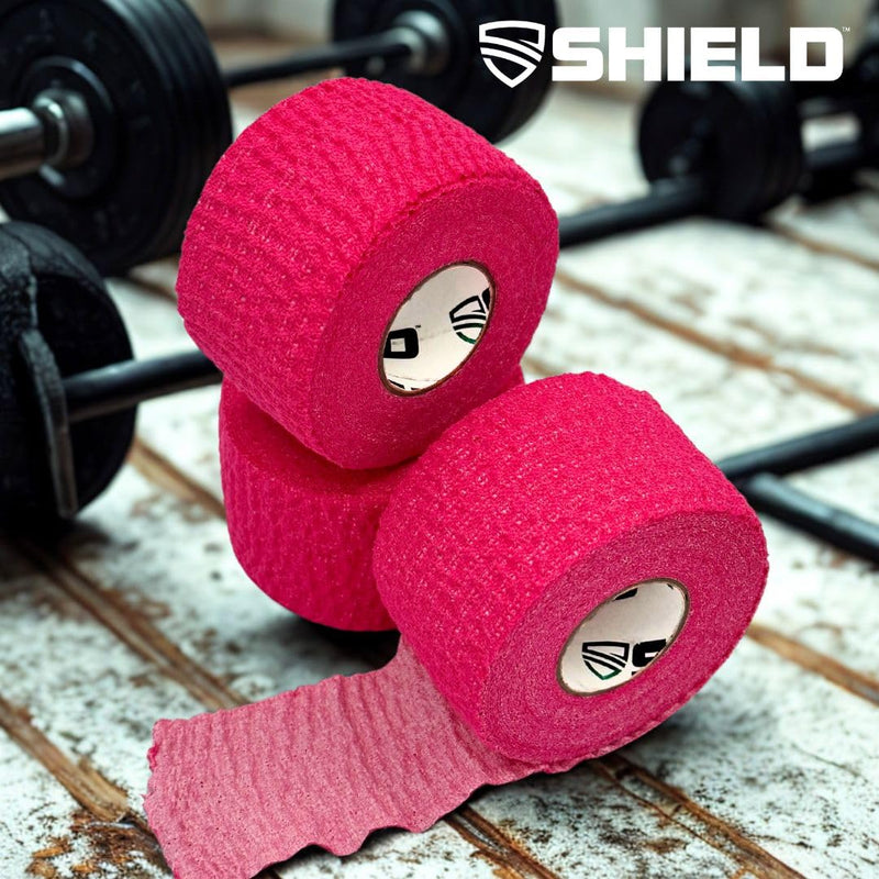 SHIELD | Weightlifting Tape - Made in USA, Hook Grip, Cross-Training, WOD Grip Tape 3-Pack– Durable, Non-Slip, Comfortable Stretchy Athletic Tape – Thumb, Wrist, Finger Protection (Pink) Pink
