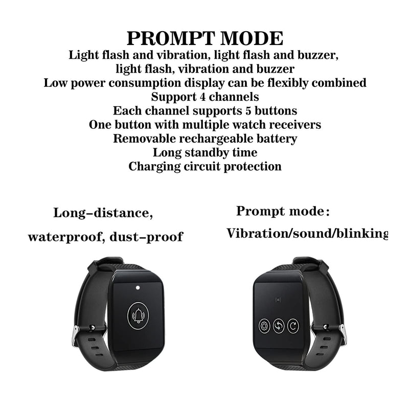 Restaurant Pager System, Wrist Pager with 4 Channels, IPX7 Waterproof, Rechargeable Battery, 433.92MHz Frequency, Multipurpose Alert Device
