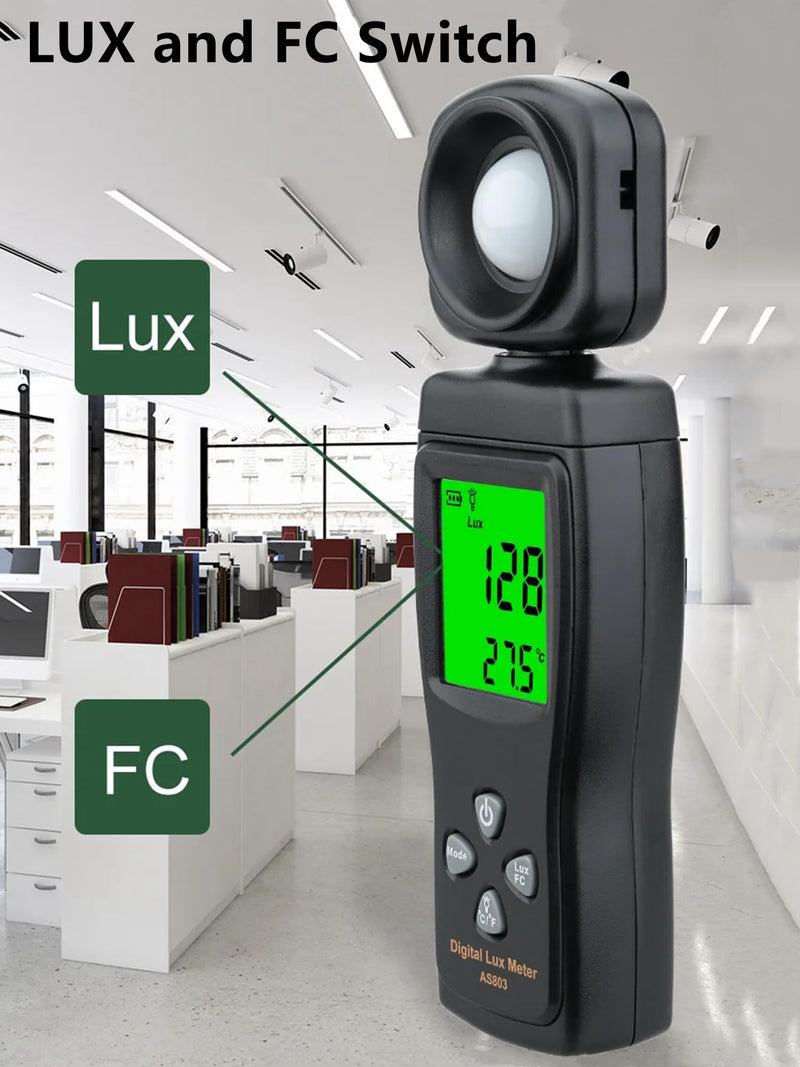 [Australia - AusPower] - Yankok AS803 Smart Digital Light Meter 1-200000 Lux Auto Measurement Lumen Checker Tools with High Accuracy 180D Rotatable Sensor Black 