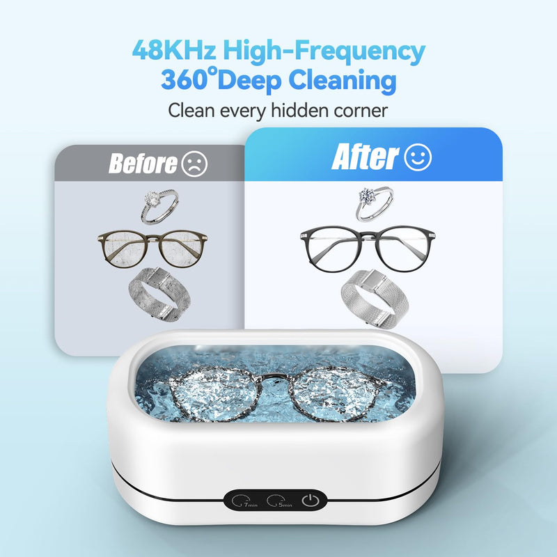 [Australia - AusPower] - Ultrasonic Jewelry Cleaner, 48KHz Ultrasonic Cleaner Machine for Jewelry, Eyeglasses, Rings, Watch Strap, Dentures- Dual Cleaning Modes, 304 Stainless Steel Tank White 