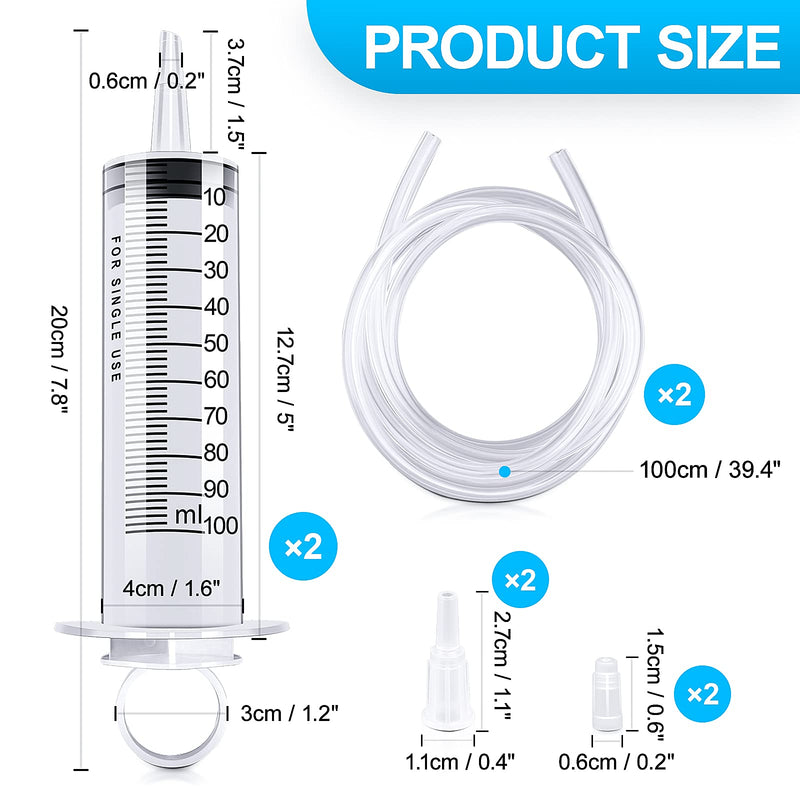 2 Packs Plastic Syringes with 2 Plastic Tubes for Oil or Glue Applicators, Experiments, Pet Feeding, Industrial Applications (100 ml) 100ml