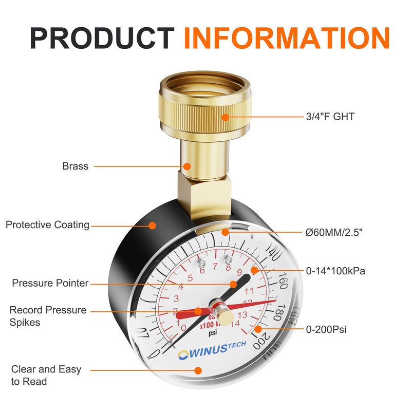 [Australia - AusPower] - Water Pressure Gauge 3/4" Female,0-200 PSI Pressure Gauge Water Pressure Test Gauge for Home,2.5" Dial. 
