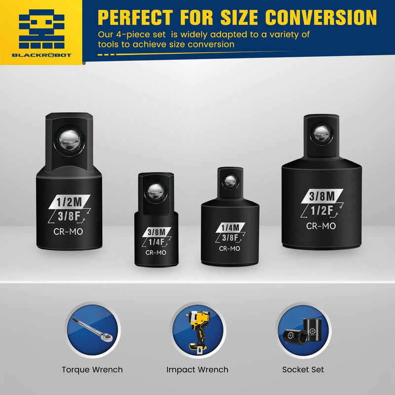 4 Piece Impact Socket Adapter Set, 1/4" 3/8" 1/2" SAE Drive Socket Adapter Set, Square Adapter and Reducer Conversion Set for Impact Driver Wrench, Cr-Mo Steel 4pcs 1/4" 3/8" 1/2" Square Drive