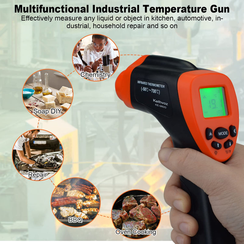 [Australia - AusPower] - Digital Infrared IR Thermometer Laser -50°C ~ 700°C, Kethvoz Contactless Temperature Meter with Temperature Alarm, Adjustable Emissivity for Kitchen/Cooking/Sugar/Industrial Infrared Temperature Gun 