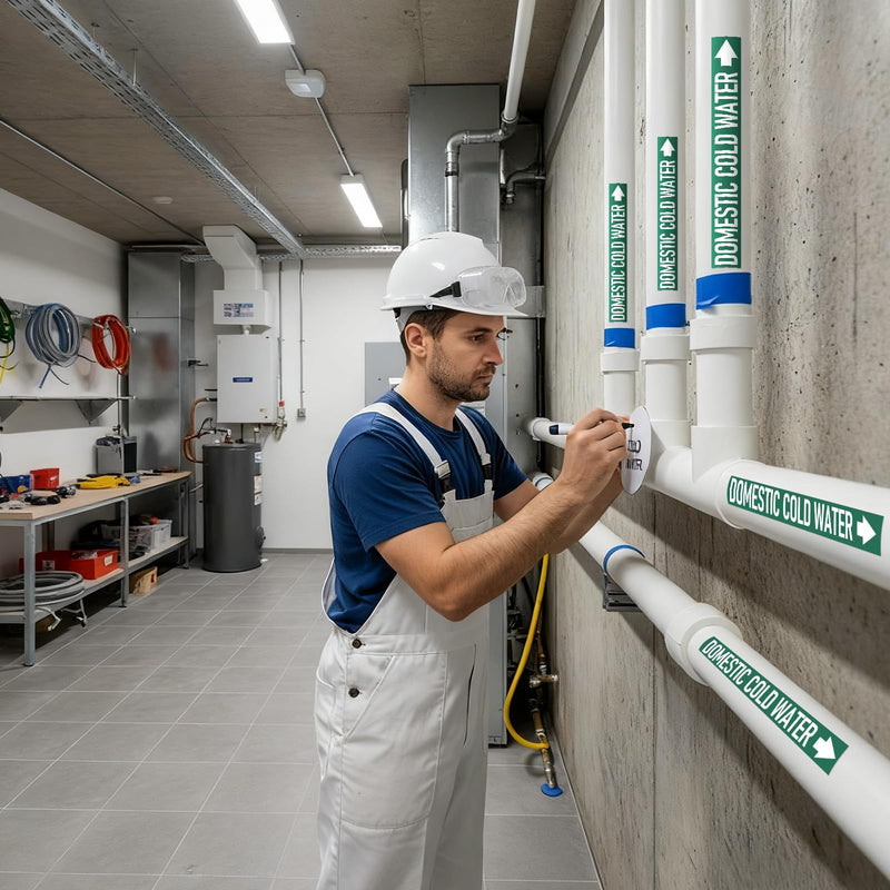 Domestic Cold Water Pipe Markers 1" Height x 8" Width Safety White on Green Pipe Self Labels with Arrow Plastic Film Markers Stickers for Industrial Safety Marking Supplies