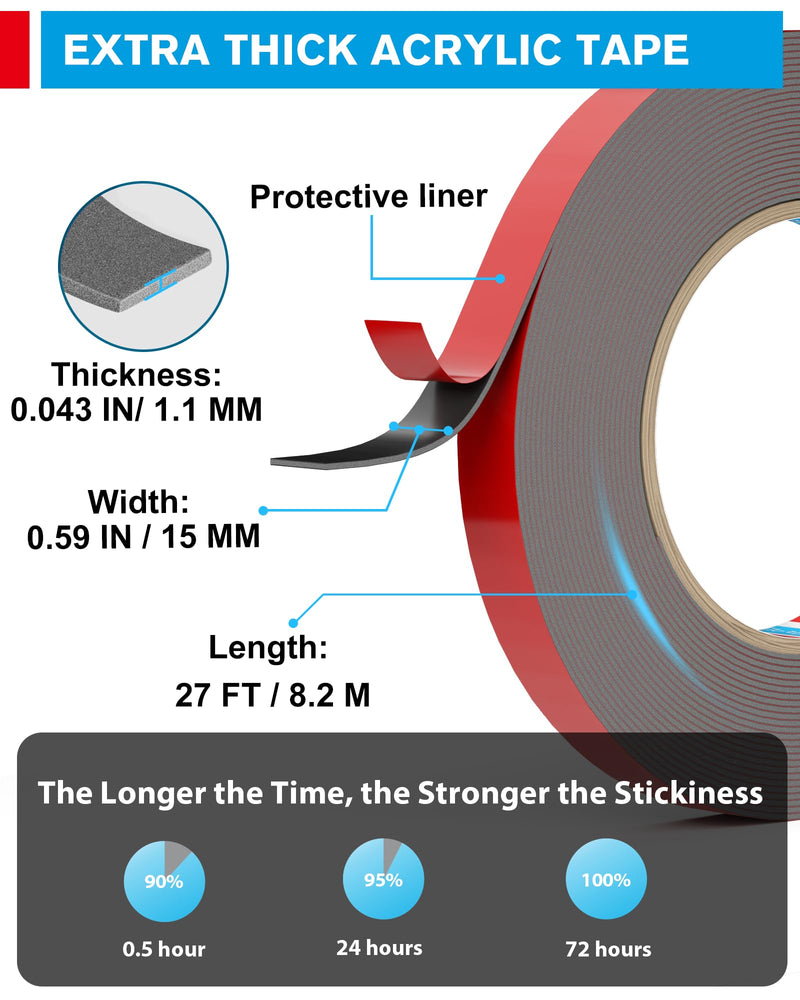 EMITEVER Double Sided Tape Heavy Duty, Tesa Adhesive Mounting Tape Waterproof, 0.59IN x 27FT Strong Acrylic Foam Tape for Walls, Automotive, Home Office Decor 0.59IN x 27FT-6411