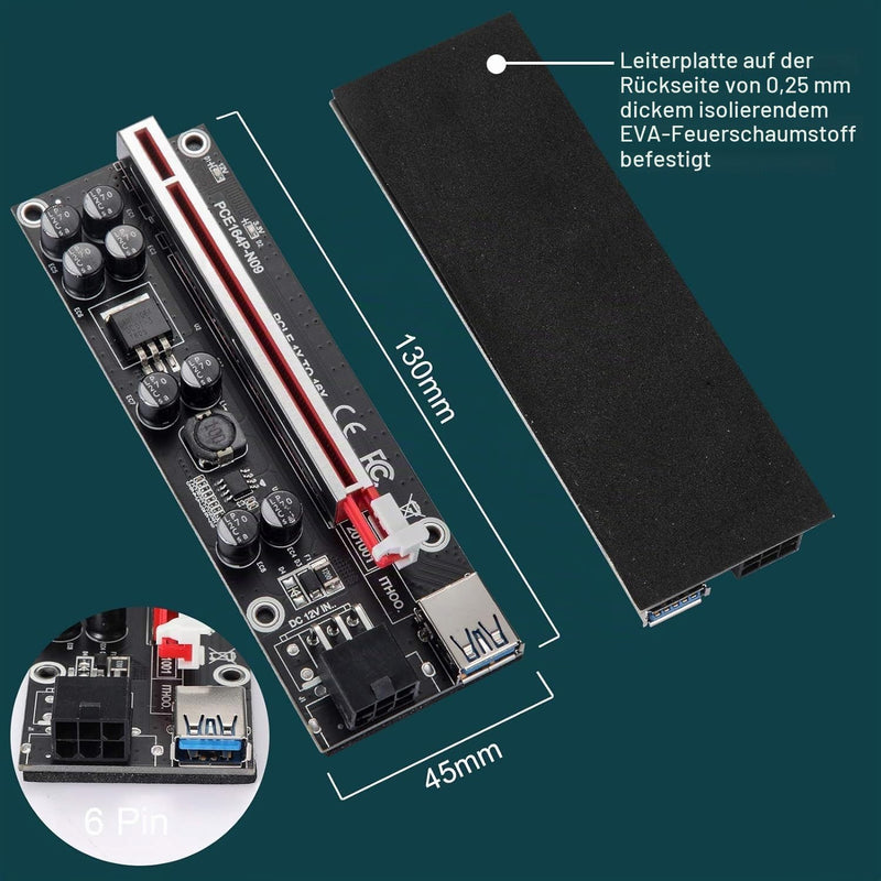 Ver009S-plus PCI-E Riser 16x to 1x for Bitcoin ETH Coin Mining, Powered Riser Adapter Card, 8 Fixed Capacitors, GPU Crypto Currency Cable with USB Power Cable, 6 Pack Black Ver009S-plus-6pcs