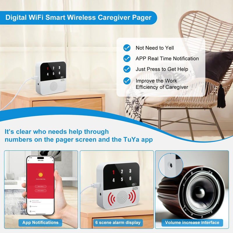 Life Alert Systems for Seniors No Monthly Fee, App-Controlled Caregiver Pager, 1–6 LED Number Reminder Function 1Waterproof Wrist Remote 2Call Button 1Receiver(Only Supports 2.4GHz Wi-Fi) 2 neckband remotes + 1 wristband+ 1 receiver