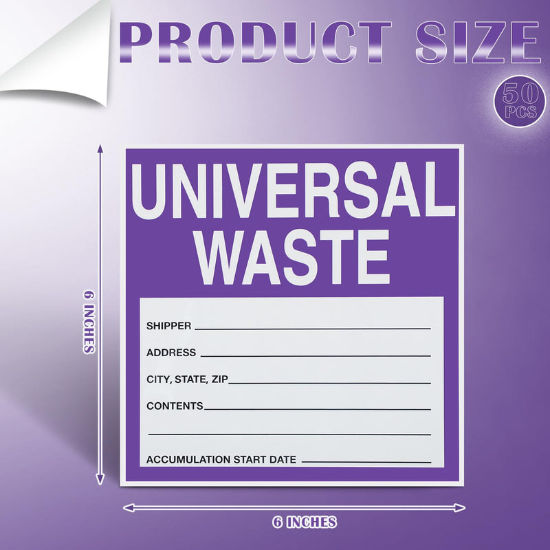 50 Pcs Universal Waste Labels - 6 x 6 Inch Adhesive Coated Paper Hazardous Waste Label, Purple/Black/White 50