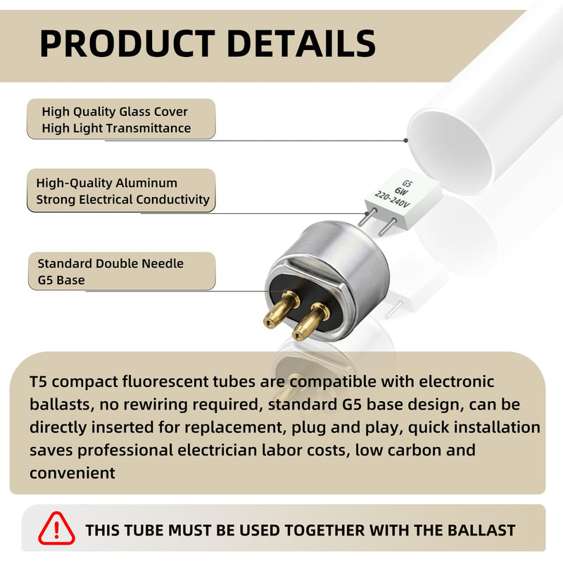 Pack of 2 6W Fluorescent Tube, Size: 225mm, T5 Cool White 4000K, G5 Base, Low Energy Saving Light for Emergency, Suitable for Kitchen, Bathroom, Closet, Garage Cold White