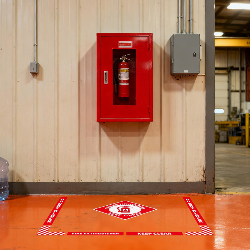 2 Pack Fire Extinguisher Signs Self Adhesive Keep Clear Do Not Block Floor Sign with Strips Waterproof Vinyl Fire Extinguisher Floor Marking Kits for Business Warehouse Office Red