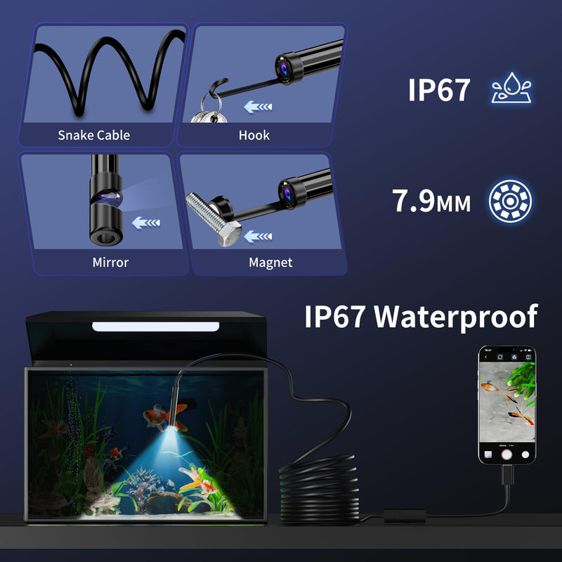 Endoscope Camera with Light, 1920P HD Borescope Inspection Camera with 8 Adjustable LEDs, IP67 Waterproof Semi-Rigid Snake Cable for Android, iPhone, and iPad(16.4ft, Single Lens) 16.4ft