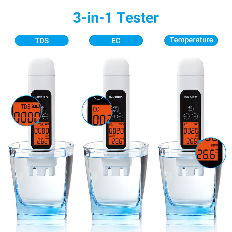 [Australia - AusPower] - TDS Meter Digital Water Tester, INKBIRD Professional Electronic 3-in-1 TDS, Temperature and EC Meter, 0-4995ppm, Ideal ppm Meter for Drinking Water, Aquariums, and More Lab Viscometers(White) 