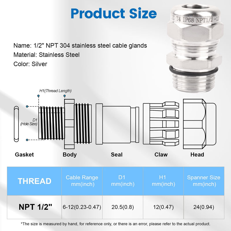 [Australia - AusPower] - 2 Pcs 1/2" NPT Stainless Steel Waterproof Cable Gland, IP68 Waterproof Adjustable Cable Glands, Strain Relief Cord Grip Connectors with Gaskets and Locknut for 6-12mm Cable Diameter 