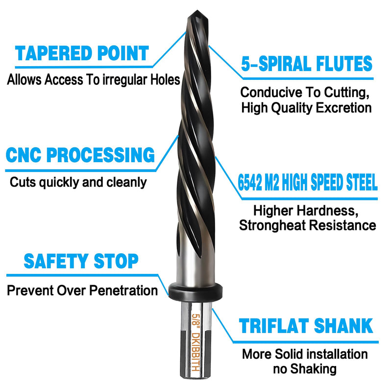 [Australia - AusPower] - 5/8 Bridge Construction Reamer Drill Bit, M2 HSS Taper Chucking Reamer for Steel Alloy Metal Wood Plastic, 1/2" Non-slip Shank, 5-Spiral Flutes Car Reamer, to Align or Enlarge Holes, 16mm 5/8 