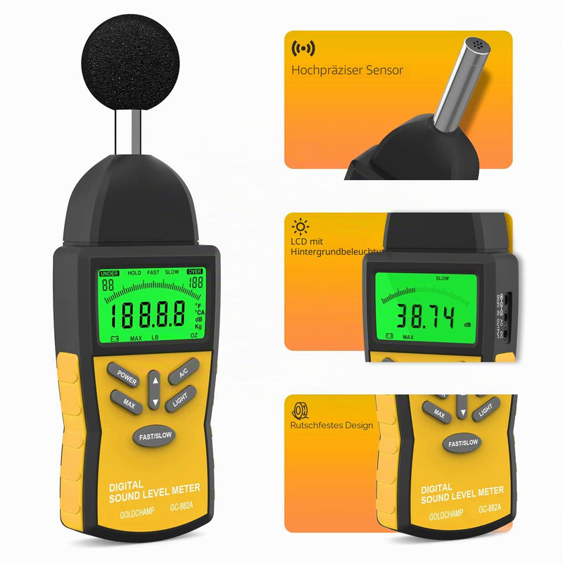 Decibel Meter, Sound Level Meter 882A Portable 30-130dB Noise Meter with 5-Digit LCD Display, DBA/DBC Rating, MAX/MIN, Data Hold, Quick/Slow Selection for Sound Quality Control Gc-882a